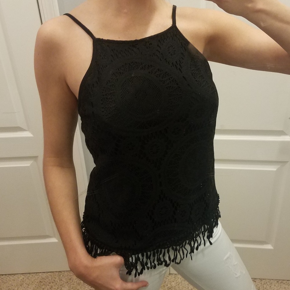 Black fringed tank top with lace overlay